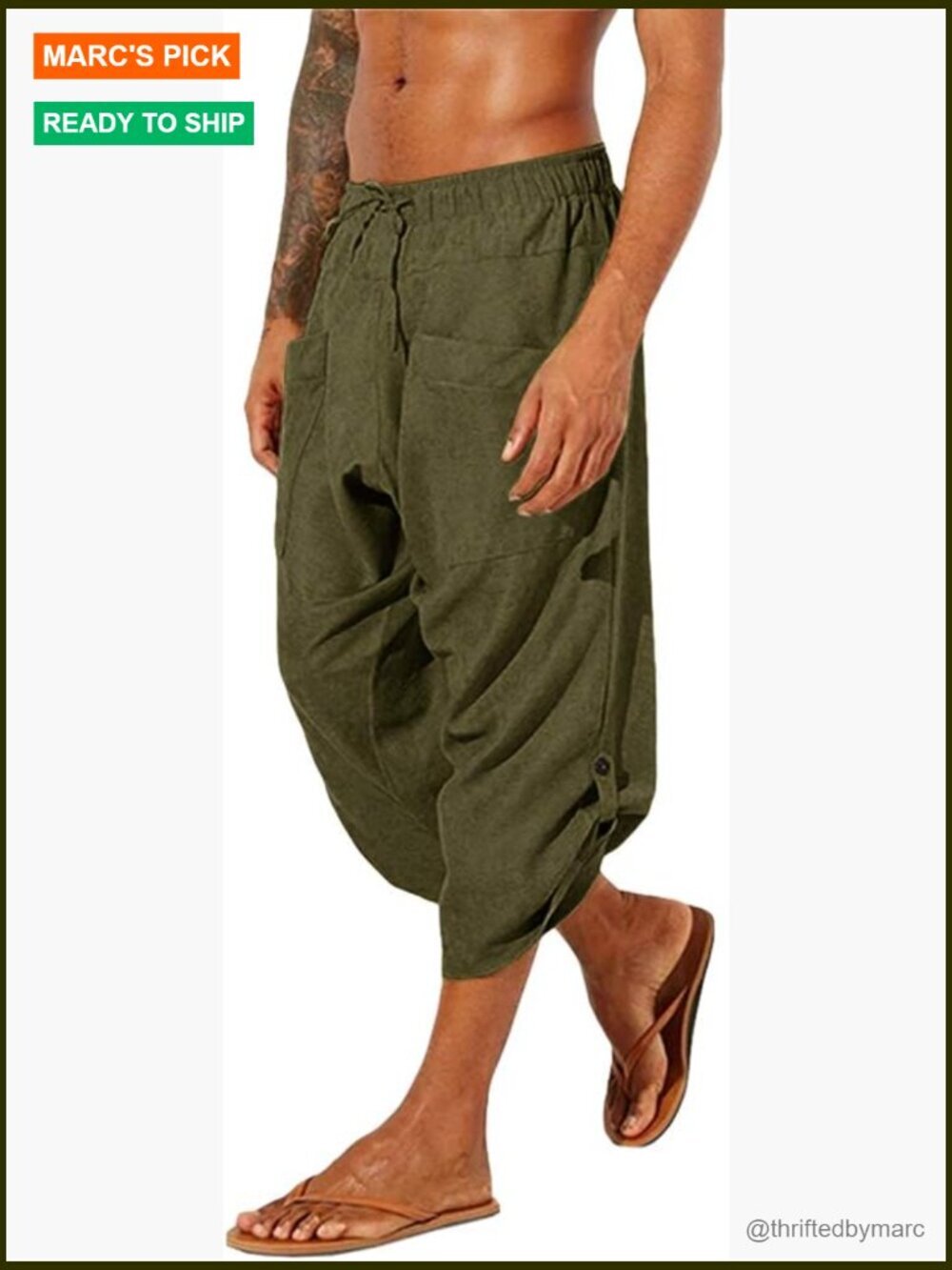 Men's Linen Harem Capri Pants Drawstring Casual Yoga Beach Shorts